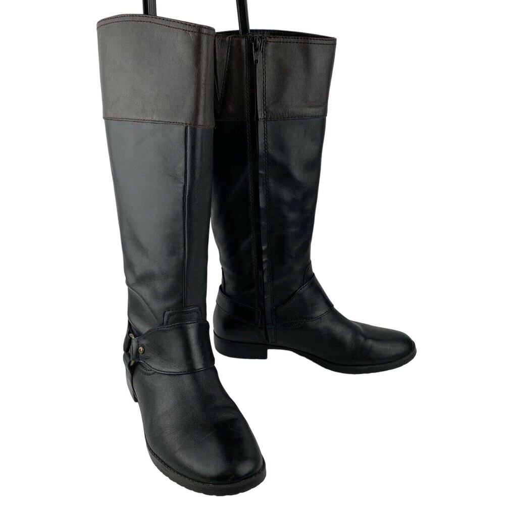 Ralph Lauren Sulita Harness Riding Boots Size 8 Black Brown Leather Knee High